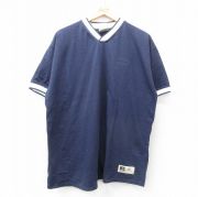 XL★古着 ラッセル 半袖 ビンテージ Tシャツ メンズ 90年代 90s ワンポイントロゴ コットン Vネック USA製 紺 ネイビー 【spe】 25jul19 中古