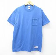 L★古着 ラッセル 半袖 ビンテージ Tシャツ メンズ 90年代 90s 無地 胸ポケット付き コットン クルーネック USA製 青 ブルー 【spe】 25aug02 中古