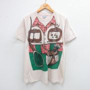 L★古着 ヘインズ Hanes 半袖 ビンテージ Tシャツ メンズ 80年代 80s フェイク ルアー 魚 クルーネック USA製 薄ベージュ カーキ 【spe】 25aug02 中古