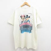 XL★古着 半袖 ビンテージ Tシャツ メンズ 80年代 80s ディズニー DISNEY ミッキー MICKEY MOUSE ミニー 両面プリント 大きいサイズ ロング丈 薄黄 イエロー 【spe】 25aug08 中古