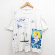 XL★古着 半袖 ビンテージ Tシャツ メンズ 90年代 90s 船 マルチプリント 大きいサイズ コットン クルーネック USA製 白 ホワイト 【spe】 25aug26 中古