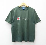 L★古着 チャンピオン champion 半袖 ビンテージ Tシャツ メンズ 90年代 90s ビッグロゴ 刺繍 フェード コットン クルーネック USA製 緑【spe】 26apr04