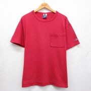 XL★古着 チャンピオン champion 半袖 ビンテージ Tシャツ メンズ 90年代 90s 無地 胸ポケット付き 大きいサイズ コットン クルーネック USA製 レッド【spe】 26may25
