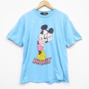 L★古着 半袖 ビンテージ Tシャツ メンズ 90年代 90s ディズニー DISNEY ミッキー MICKEY MOUSE コットン クルーネック USA製 水色 【spe】 25sep06 中古