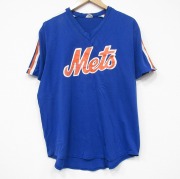 L★古着 半袖 ビンテージ Tシャツ メンズ 80年代 80s MLB ニューヨークメッツ ラグラン Vネック USA製 青 ブルー メジャーリーグ ベースボール 野球 【spe】 25sep09 中古