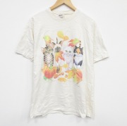 L★古着 ヘインズ Hanes 半袖 ビンテージ Tシャツ メンズ 90年代 90s ネコ 両面プリント コットン クルーネック ベージュ カーキ 【spe】 25sep13 中古
