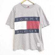 XL★古着 トミーヒルフィガー TOMMY HILFIGER 半袖 ビンテージ ブランド Tシャツ メンズ 90年代 90s ビッグロゴ 大きいサイズ コットン クルーネック USA製 グレー 霜降り 【spe】 25sep22 中古