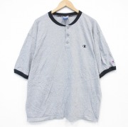 XL★古着 チャンピオン champion 半袖 ビンテージ Tシャツ メンズ 90年代 90s ワンポイントロゴ 大きいサイズ コットン ヘンリーネック グレー 霜降り リンガー【spe】 26mar11