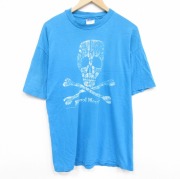 XL★古着 ヘインズ 半袖 ビンテージ Tシャツ メンズ 90年代 90s スカル 大きいサイズ コットン クルーネック 水色【spe】 26mar19