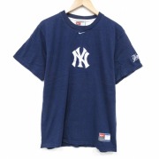 L★古着 ナイキ NIKE 半袖 ビンテージ Tシャツ メンズ 00年代 00s MLB ニューヨークヤンキース 刺繍 コットン クルーネック 紺 メジャーリーグ ベースボール 野球【spe】 26mar24