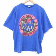 XL★古着 ライトニングボルト 半袖 ビンテージ Tシャツ メンズ 80年代 80s インターナショナル コットン クルーネック USA製 青【spe】 26mar31