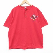 XL★古着 半袖 ビンテージ Tシャツ メンズ 90年代 90s ディズニー ミッキー 大きいサイズ コットン ヘンリーネック USA製 赤 26apr02
