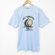 L★古着 ヘインズ 半袖 ビンテージ Tシャツ メンズ 80年代 80s ミリタリー 原子力潜水艦USSテネシー クルーネック 水色【spe】 26apr06