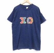 XL★古着 フルーツオブザルーム 半袖 ビンテージ Tシャツ メンズ 90年代 90s ギリシャ文字 ロング丈 コットン クルーネック USA製 紺【spe】 26apr30