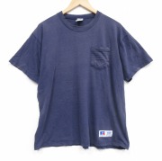 XL★古着 ラッセル 半袖 ビンテージ Tシャツ メンズ 90年代 90s 無地 胸ポケット付き 大きいサイズ コットン クルーネック USA製 ネイビー【spe】 26may25