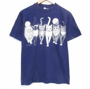 M★古着 ヘインズ 半袖 ビンテージ Tシャツ メンズ 80年代 80s ネコ 両面プリント コットン クルーネック USA製 ネイビー【spe】 26may29