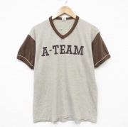 L★古着 ラッセル 半袖 ビンテージ Tシャツ メンズ 70年代 70s チーム ツートンカラー Vネック ブラウン 霜降り【spe】 26may30