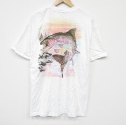 XL★古着 ヘインズ 半袖 ビンテージ Tシャツ メンズ 90年代 90s 魚 胸ポケット付き コットン クルーネック ホワイト【spe】 26jun05