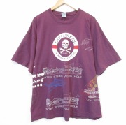 XL★古着 半袖 ビンテージ Tシャツ メンズ 00年代 00s スカル マルチプリント 大きいサイズ コットン クルーネック バーガンディ【spe】 26jun08