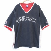XL★古着 チャンピオン Champion 半袖 ビンテージ Tシャツ メンズ 90年代 90s NBA シカゴブルズ 刺繍 大きいサイズ コットン Vネック ブラック バスケットボール【spe】 26jun19