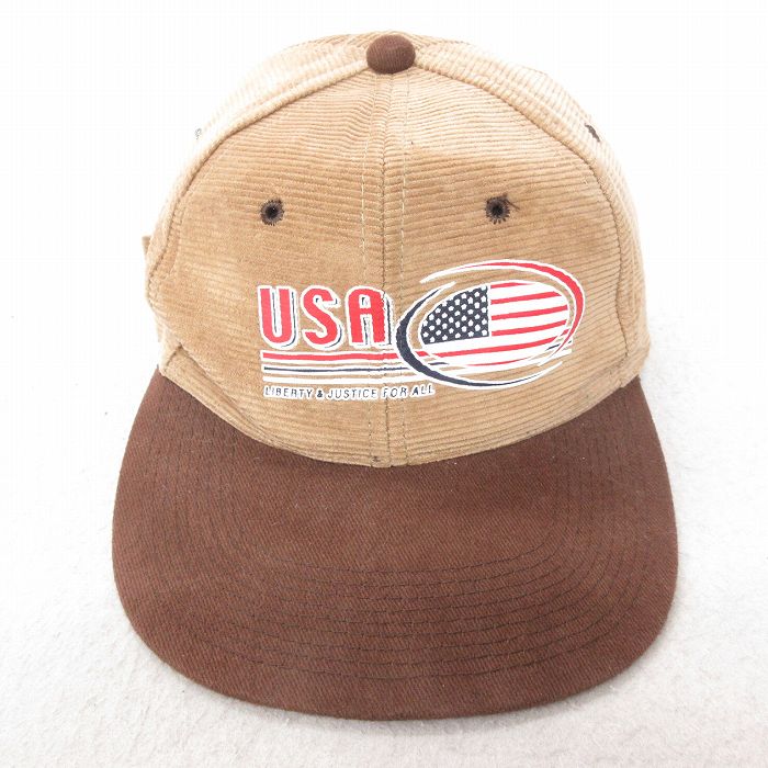 中古 キャップ USAロゴ コーデュロイ ツートンカラー コットン 茶 ブラウン 25jul16