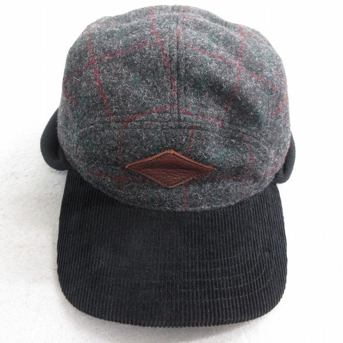 中古 エルエルビーン LLBEAN キャップ ワンポイントロゴ 耳当て付き ツバコーデュロイ ウール 濃グレー他 内側キルティング 25oct04