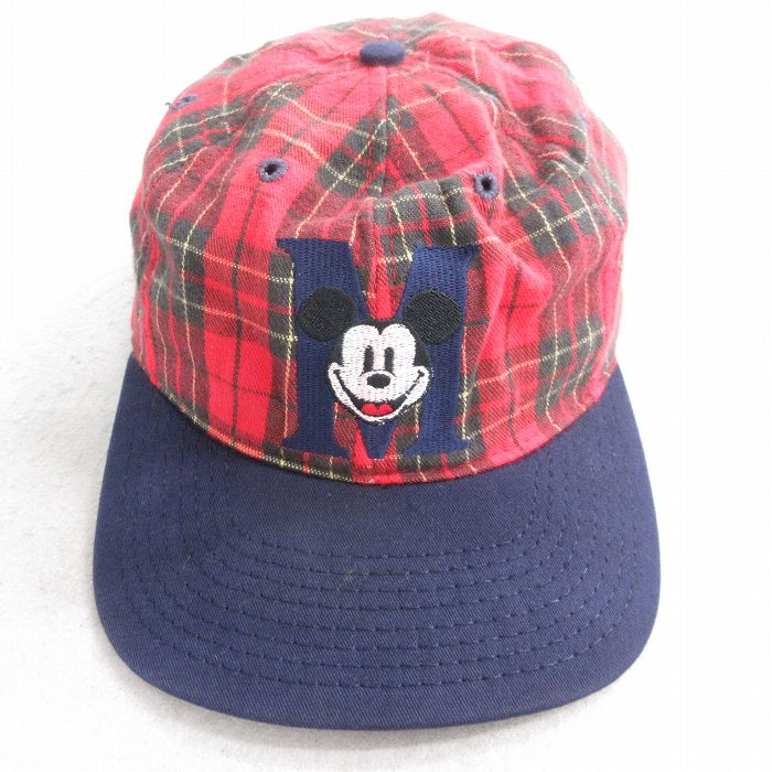 【20%OFF】中古 キャップ 90年代 90s ディズニー DISNEY ミッキー MICKEY MOUSE 刺繍 USA製 赤他 レッド タータン チェック 25oct14