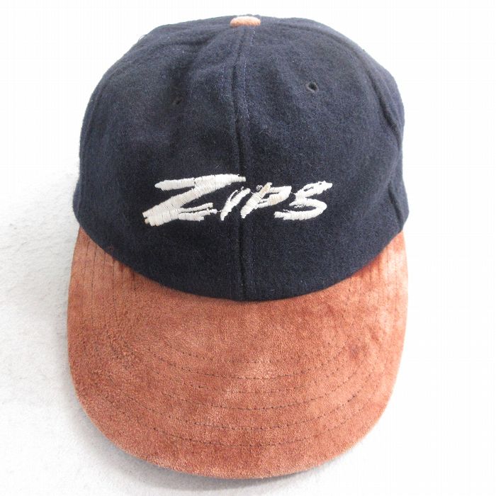 中古 ホロウェイ キャップ 90年代 90s ZIPS 刺繍 ツートンカラー ツバスエード ウール USA製 紺他 ネイビー 25nov04