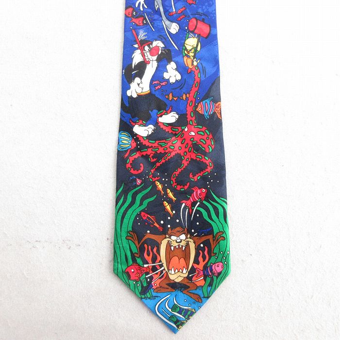 中古 ネクタイ 90年代 90s ルーニーテューンズ LOONEY TUNES タズ シルベスター 青 ブルー 25jun30