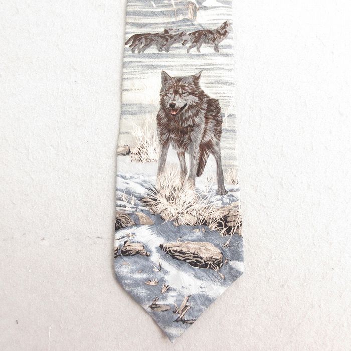 中古 ネクタイ 90年代 90s オオカミ シルク USA製 黒他 ブラック 25jul01