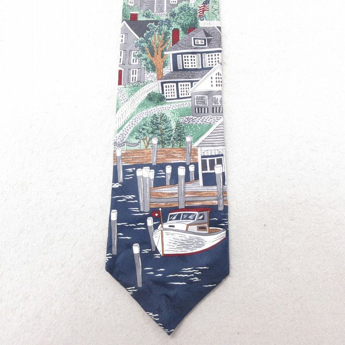 中古 バンヒューセン ネクタイ 90年代 90s ボート 家 シルク USA製 紺他 ネイビー 25jul01
