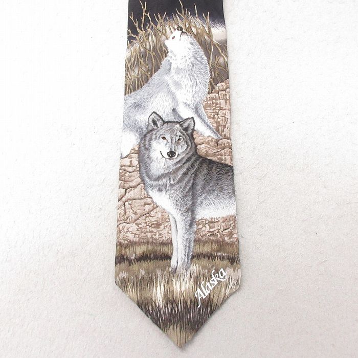 中古 ネクタイ 90年代 90s オオカミ シルク USA製 黒 ブラック 25jul01