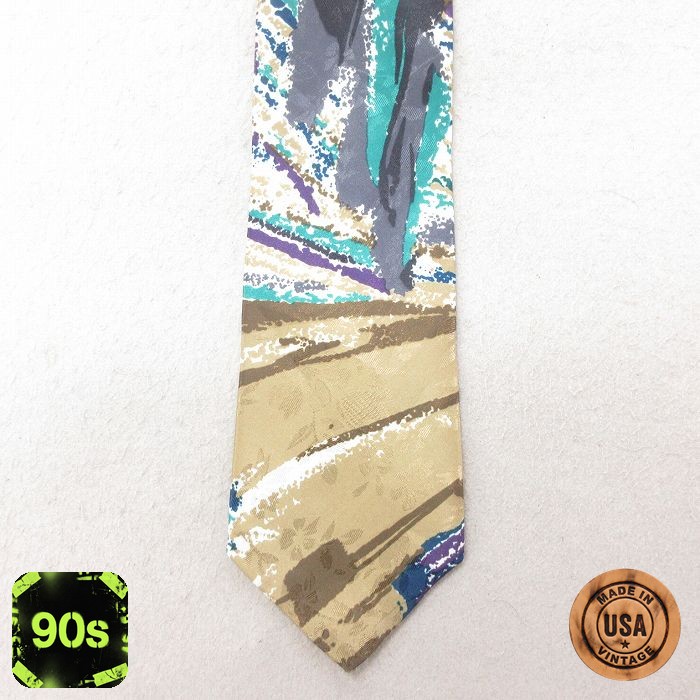 中古 ネクタイ 90年代 90s 花柄 USA製 ベージュ他 カーキ 25jul15