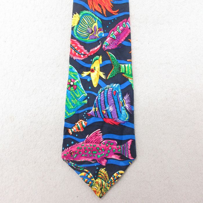 中古 ネクタイ 魚 シルク 黒他 ブラック 25jul15