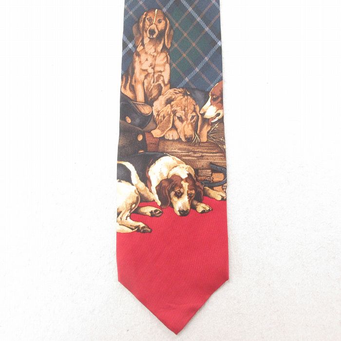 中古 バンヒューセン ネクタイ 90年代 90s 犬 シルク 紺他 ネイビー チェック 【spe】 25jul15