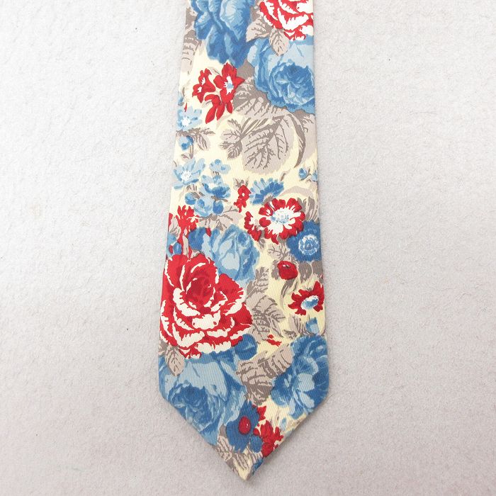 中古 ネクタイ 90年代 90s 花柄 シルク USA製 薄ベージュ他 カーキ 25jul15