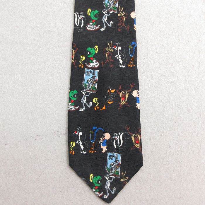 中古 ネクタイ 90年代 90s ルーニーテューンズ LOONEY TUNES シルベスター タズ USA製 黒 ブラック 25jul23