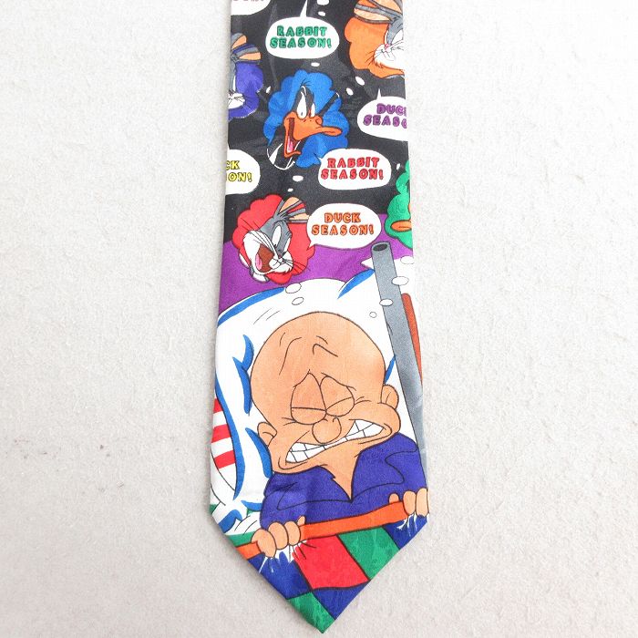 中古 ネクタイ 90年代 90s ルーニーテューンズ LOONEY TUNES エルマーファッド 黒他 ブラック 【spe】 25jul23