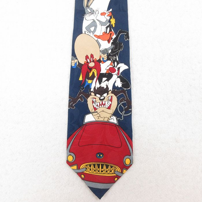 中古 ネクタイ 90年代 90s ルーニーテューンズ LOONEY TUNES タズ シルベスター USA製 紺 ネイビー 25jul26