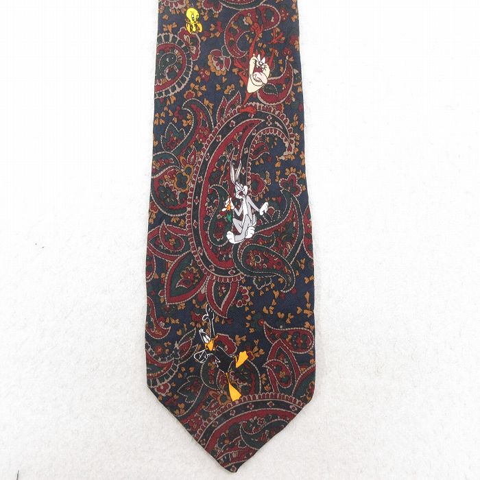 中古 ネクタイ 90年代 90s ルーニーテューンズ LOONEY TUNES バッグスバニー シルク 紺 ネイビー 25aug02