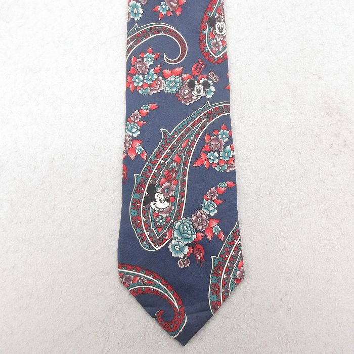 中古 ネクタイ 90年代 90s ディズニー ミッキー 花柄 ペイズリー柄 シルク USA製 紺【spe】 26feb13