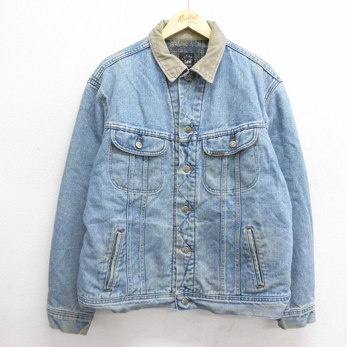 XL★古着 リー Lee 長袖 ジージャン メンズ 90年代 90s 大きいサイズ コットン 襟コーデュロイ USA製 紺 ネイビー デニム 内側ブランケット 24dec04 中古 アウター Gジャン ジャケット