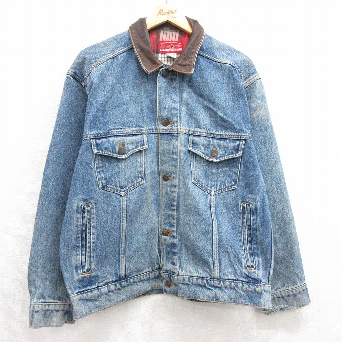 XL★古着 マルボロ 長袖 ジージャン メンズ 90年代 90s コットン 襟レザー 紺 ネイビー デニム 【spe】 24dec06 中古 アウター Gジャン ジャケット