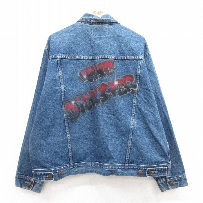 XL★古着 ラングラー Wrangler 長袖 ジージャン メンズ THE DiCKSTER ピンバッジ ハンドペイント エアブラシ 大きいサイズ コットン 紺 ネイビー デニム 【spe】 24dec14 中古 アウター Gジャン ジャケット