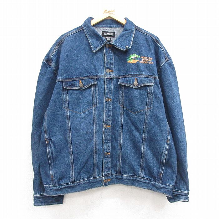 XL★古着 長袖 ジージャン メンズ 魚 大きいサイズ コットン 紺 ネイビー デニム 24dec14 中古 アウター Gジャン ジャケット