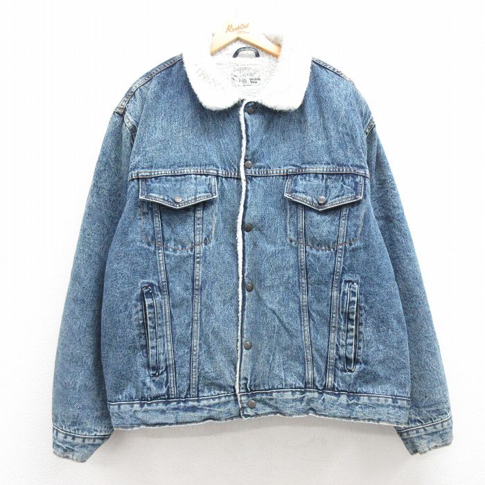 【20%OFF】XL★古着 長袖 デニム ボア ジャケット ジージャン メンズ 90年代 90s ケミカルウォッシュ 大きいサイズ 紺 ネイビー 24dec14 中古 アウター Gジャン