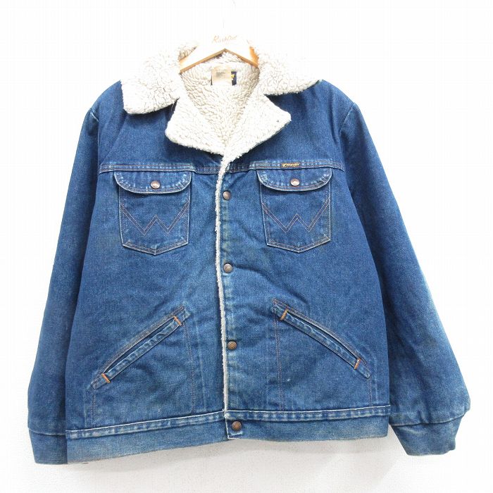 XL★古着 ラングラー Wrangler 長袖 デニム ボア ジャケット ジージャン メンズ 80年代 80s 大きいサイズ コットン USA製 紺 ネイビー 24dec20 中古 アウター Gジャン