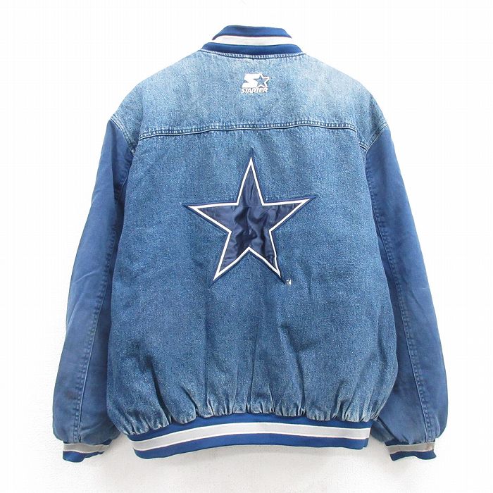 XL★古着 スターター STARTER 長袖 デニム ジャケット スタジャン メンズ 90年代 90s NFL ダラスカウボーイズ 刺繍 大きいサイズ コットン 紺 ネイビー デニム他 内側キルティング アメフト スーパーボウル 25feb12 中古 アウター