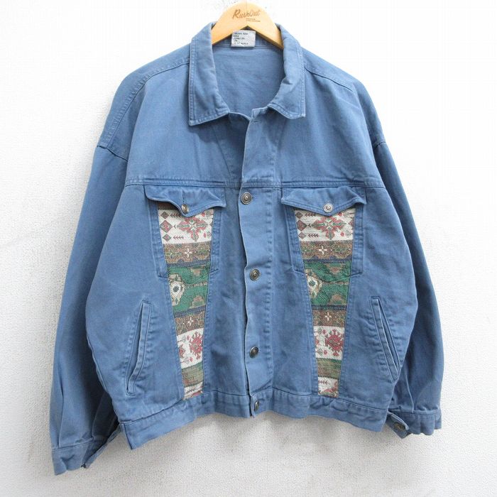 XL★古着 長袖 ジージャン メンズ 90年代 90s ネイティブ柄 ラグ柄 大きいサイズ コットン 紺 ネイビー デニム 25mar05 中古 アウター Gジャン ジャケット