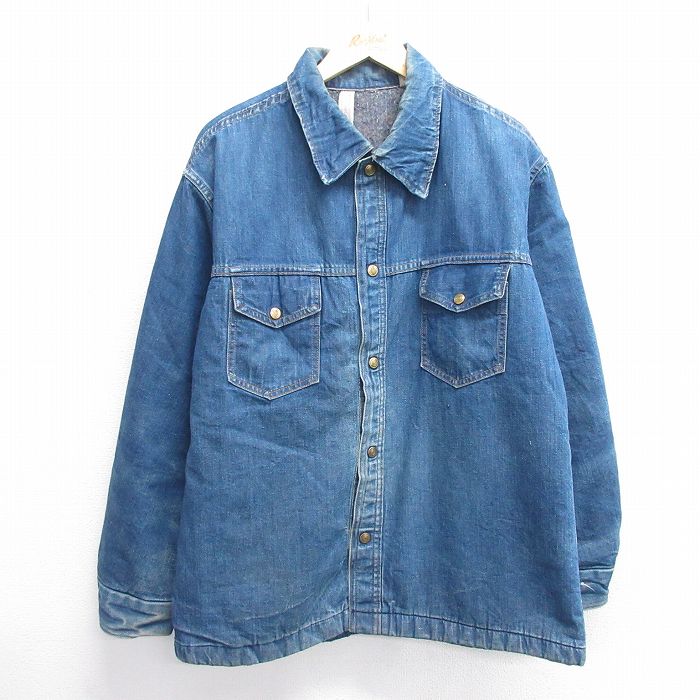 XL★古着 長袖 デニム ジャケット メンズ 80年代 80s コットン USA製 紺 ネイビー 内側ブランケット 25mar05 中古 アウター